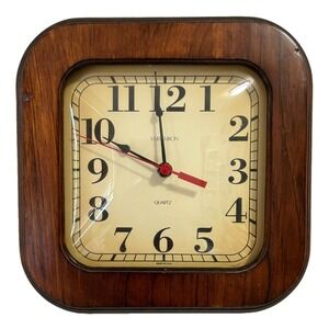 Vintage Verichron Quartz Wall Clock Square Wood Frame Works MCM Rare USA VGUC